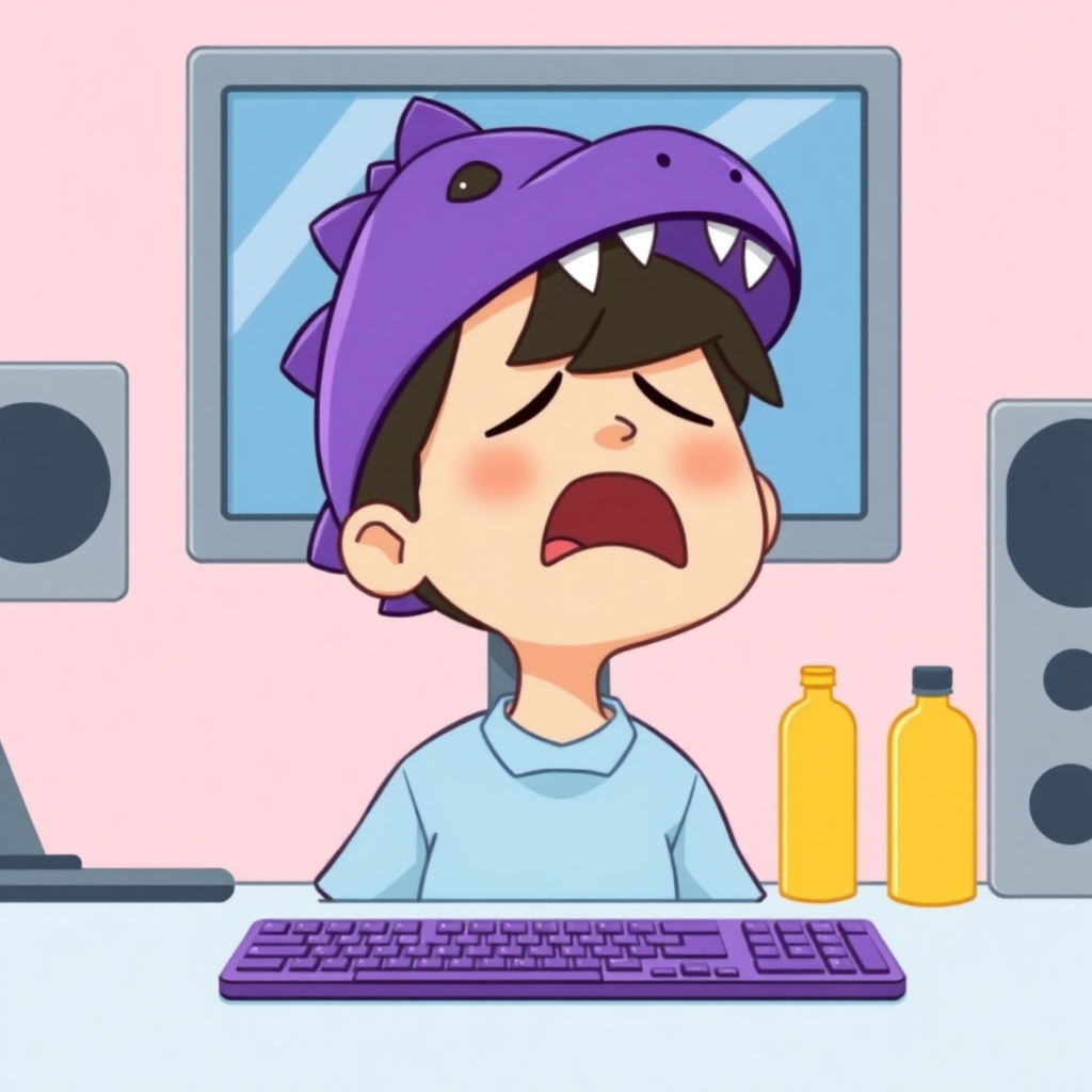 A high-quality illustration of a person sitting at a desk in front of a computer, yawning, with a purple dinosaur-themed cap and light blue shirt. The desk has a computer screen, a keyboard with purple keys, and a yellow bottle beside it. The view is the same as the original image with a light pink background and similar details, but the person now has a dinosaur cap instead of the original one.