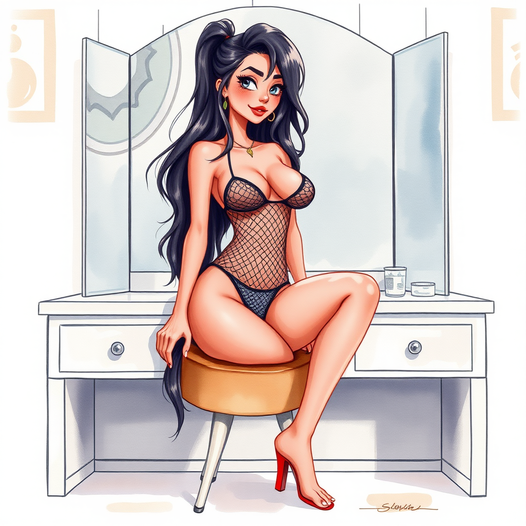 digital watercolor painting illustration with realistic paper texture, depicting western cartoon style sexy cartoon girl in revealing micro mesh bikini gstring thong sitting on built in vanity with her legs open