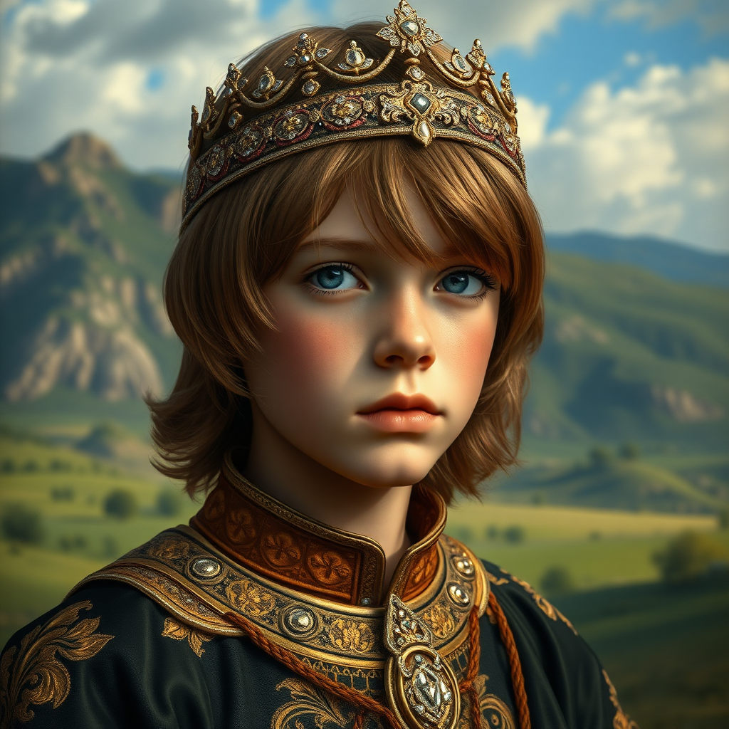 16yo teen boy prince, long bob cut, embroidered with gold and diamonds medieval cloths, diamond diadem, and Beautiful War. Free style by FLUX photorealistic. The background is in the style of landscape style by Antonio del Polaiolo, ultra high resolution, 16K,