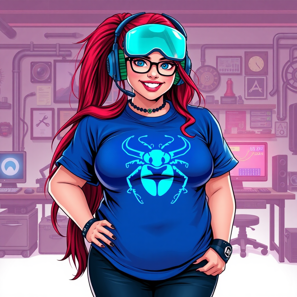 A cyberpunk vigilante’s full-figured intelligent and tech-savvy 29-year-old girlfriend, who is a computer hacker and tech genius. She has a long ruby red ponytail and bright blue eyes. She wears a sapphire beetle gemstone necklace, and an oversized maximum blue t-shirt featuring a giant neon blue glowing icon of a beetle on its chest. She has a full-figured physique with a prominently, gargantuan, well-rounded midsection, reflecting her well-cared-for lifestyle. She sports a sapphire headset with hi-tech maximum turquoise lensed HUD visor, black eyeglasses, and a beaming smile with a passionate bright red blush. Despite her figure and a lack of self-esteem, she radiates an air of beauty. She has a slim face which contributes to her radiant beauty. She serves as his tech expert from his hideout, diligently working at her workshop with a computer desk and tool bench. The background is solid white. She is drawn as if she was in a retro 2D cyberpunk fighting game. Ensure her shirt covers her midsection.