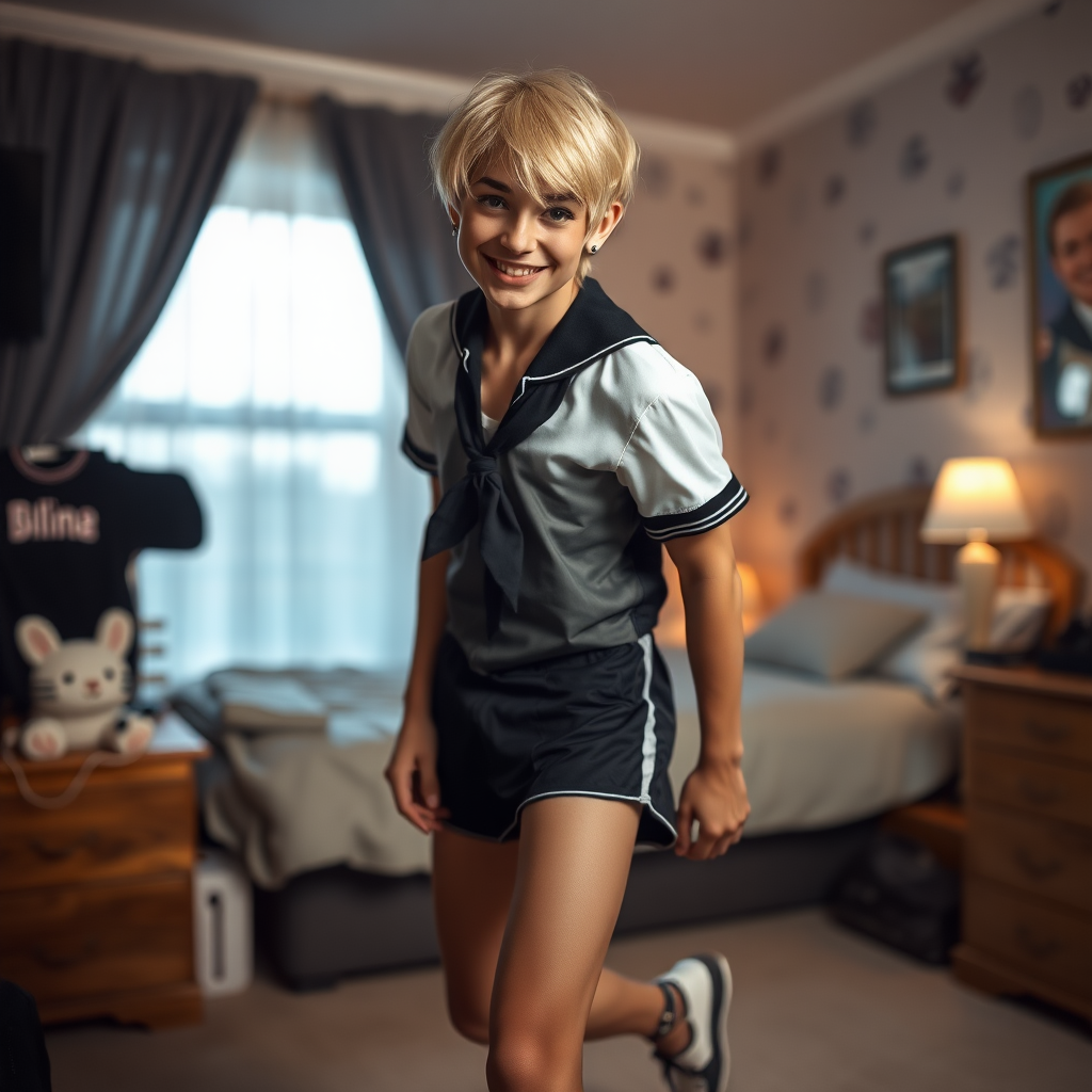 photorealistic, ultra high resolution, 16K, surreal fantasy, soft studio lighting, a pretty 16 year old goth male, slim male physique, short blonde hair, goth makeup, earrings, sheer pantyhose, girls-school uniform, Mary-Jane shoes, in the bedroom - , excited smile, facing the camera.