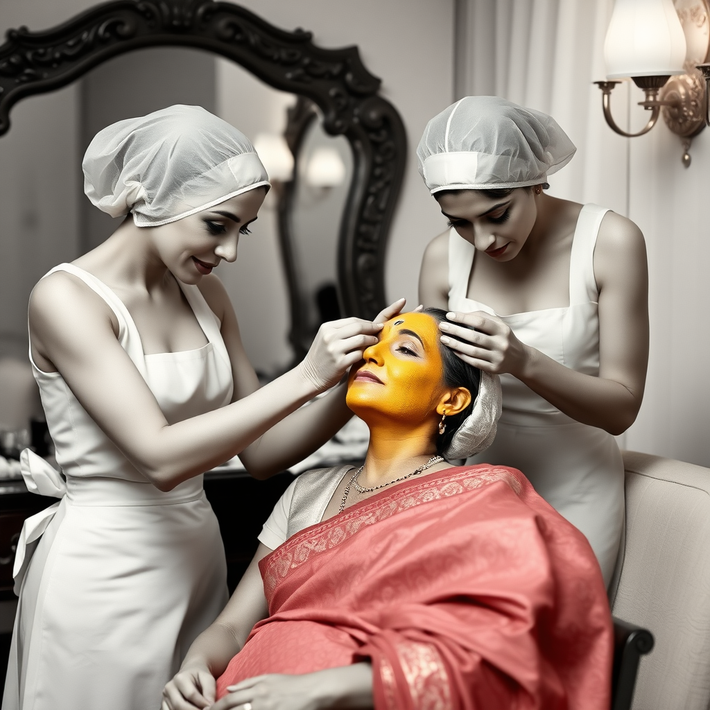 2 slim French maids, wearing hair nets, working in a beauty parlour, giving a turmeric facial to a rich, traditional Indian wife.