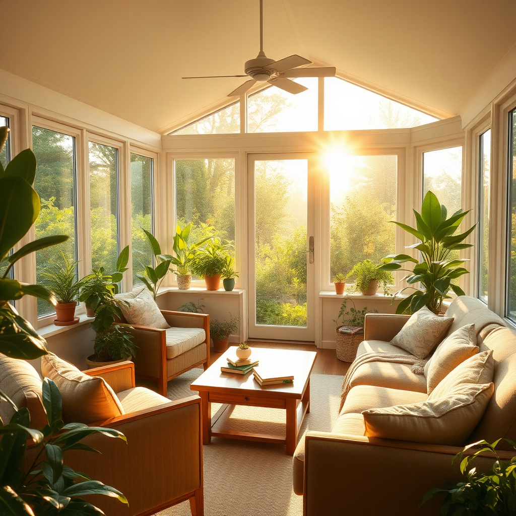 (warm and inviting sunroom, filled with plants and soft natural light) (best quality), (masterpiece), (ultra-detailed), (bright, calming interior), the sunroom is bathed in warm, golden light as the morning sun pours in through the large, floor-to-ceiling windows. Plush, comfortable chairs and sofas are arranged around a small wooden coffee table, while lush green plants line the windowsills, thriving in the abundant sunlight. The room feels like a sanctuary, with soft cushions, cozy blankets, and a stack of books on the table. Outside, a garden is visible, its greenery blending seamlessly with the tranquility of the room. The light breeze from the open windows carries the scent of fresh flowers inside, creating a perfect, peaceful atmosphere.