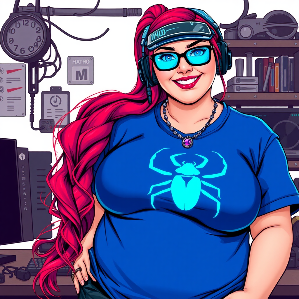 A cyberpunk vigilante’s full-figured intelligent and tech-savvy 29-year-old girlfriend, who is a computer hacker and tech genius. She has a long ruby red ponytail and bright blue eyes. She wears a sapphire beetle gemstone necklace, and an oversized maximum blue t-shirt featuring a giant neon blue glowing icon of a beetle on its chest. She has a full-figured physique with a prominent, gargantuan, round midsection, reflecting her well-cared-for lifestyle. The midsection is heavily emphasized. She sports a sapphire headset with hi-tech maximum turquoise lensed HUD visor, black eyeglasses, and a beaming smile with a passionate bright red blush. Despite her figure and a lack of self-esteem, she radiates an air of beauty. She has an angular face which contributes to her radiant beauty. She serves as his tech expert from his hideout, dutifully working at her workshop computer desk and tool bench. The background is solid white. She is drawn as if she was in a retro 2D cyberpunk fighting game. Make sure her shirt covers her round midsection.