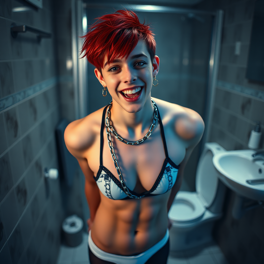 photorealistic, ultra high resolution, 16K, surreal fantasy, studio lighting, a pretty 16 year old goth boy, slim male physique, red hair, goth makeup, earrings, spiky chain and leash, handcuffs, trainer-bra, pantyhose, white ballet shoes, in the bathroom, excited open mouth smile, facing the camera,