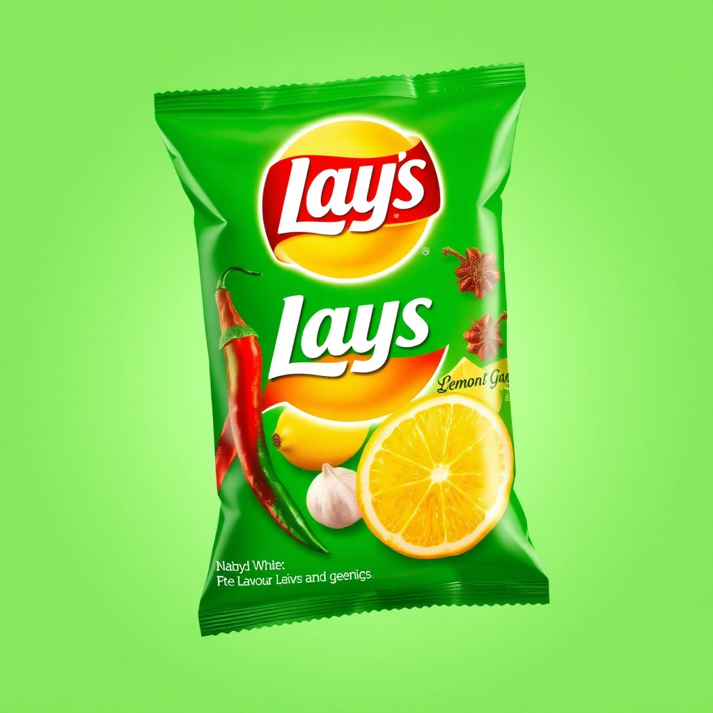 a lays packet of flavour chille lemon with green having dried chilles lemon garlic on the packet. logo in the middle  