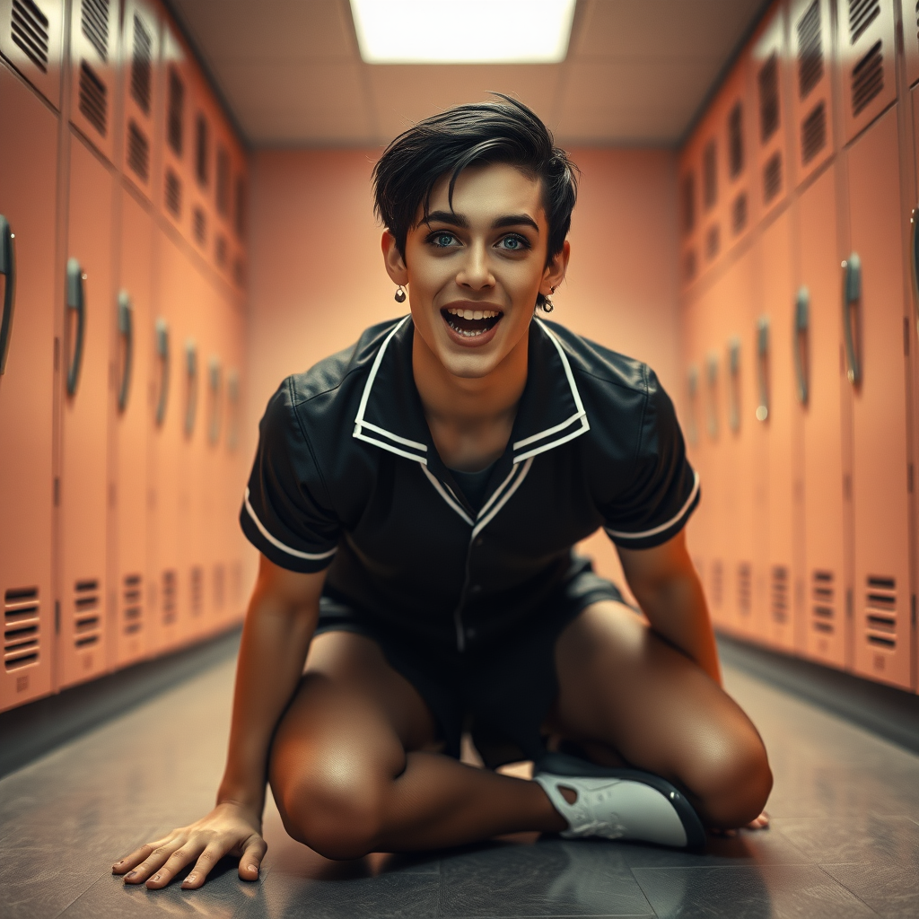 photorealistic, ultra high resolution, 16K, surreal fantasy, soft studio lighting, a pretty 17 year old goth male, slim male physique, short dark hair, blue eyes, goth makeup, earrings, sheer pantyhose, UK girls-school uniform, Mary-Jane shoes, kneeling on the floor of the locker room looking up at the camera, excited open mouth smile, drooling saliva, facing the camera.