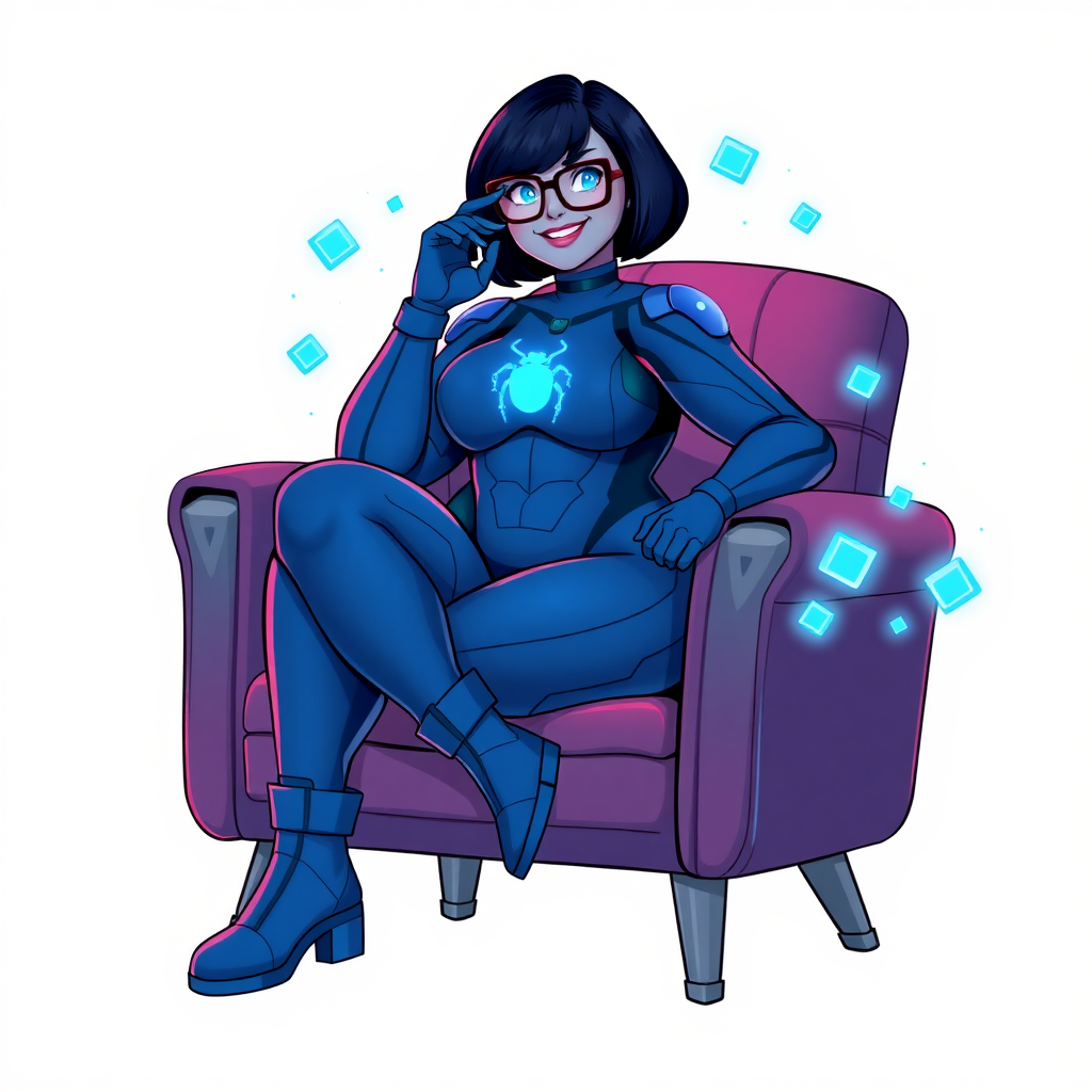 A heavily, extremely, and intensely pampered nerdy full-figured middle blue skinned digital sidekick, a 28-year-old computer major, has been transformed by her doting vigilante boyfriend. Her middle blue skin and bob cut seamlessly integrate with her data, and her neon blue eyes glow with intelligence. Her physique, now showcasing a gargantuan round midsection, massive limbs, and broad shoulders, contrasted by a slim face, clearly reflects her indulgence and pampering. Her full figure is prominently highlighted, with her gargantuan, rounded midsection and massive limbs emphasizing her pampered status. As the loyal and supportive sidekick, she plays a crucial role in their missions, using her digital prowess to assist and protect.

She wears a digital maximum blue bodysuit, featuring a glowing neon blue beetle chest icon, digital maximum blue boots, and matching high-tech gloves. She bashfully giggles with a neon red blush, emitting neon blue data cubes from her body. Her full figure, now even more plump and heavily emphasized by her nerdy appearance, clearly shows how pampered she is. Her nerdiness is accentuated by her black oversized eyeglasses.

Her outfit, influenced by DC’s Jennifer Knight Phantom Lady, remains distinct. Adding to her pampering, she serves as his minicomputer, traveling in his high-tech wristwatch and supercar’s computer system. Using her ability to hack into computers and machines, she relays crucial knowledge relating to his missions.

In her new pose, she sits comfortably on a plush, high-tech chair with one leg crossed over the other, her oversized glasses slightly askew as she adjusts them with a bashful smile. Her relaxed posture and content expression, combined with the glowing data cubes around her, clearly reflect her status as a heavily pampered, nerdy digital sidekick. Her gargantuan, rounded midsection and massive limbs are prominently displayed, emphasizing her indulgence and pampering while maintaining her nerdy physique. She is on a solid white background. She is drawn as if she was in a retro 2D cyberpunk fighting game.