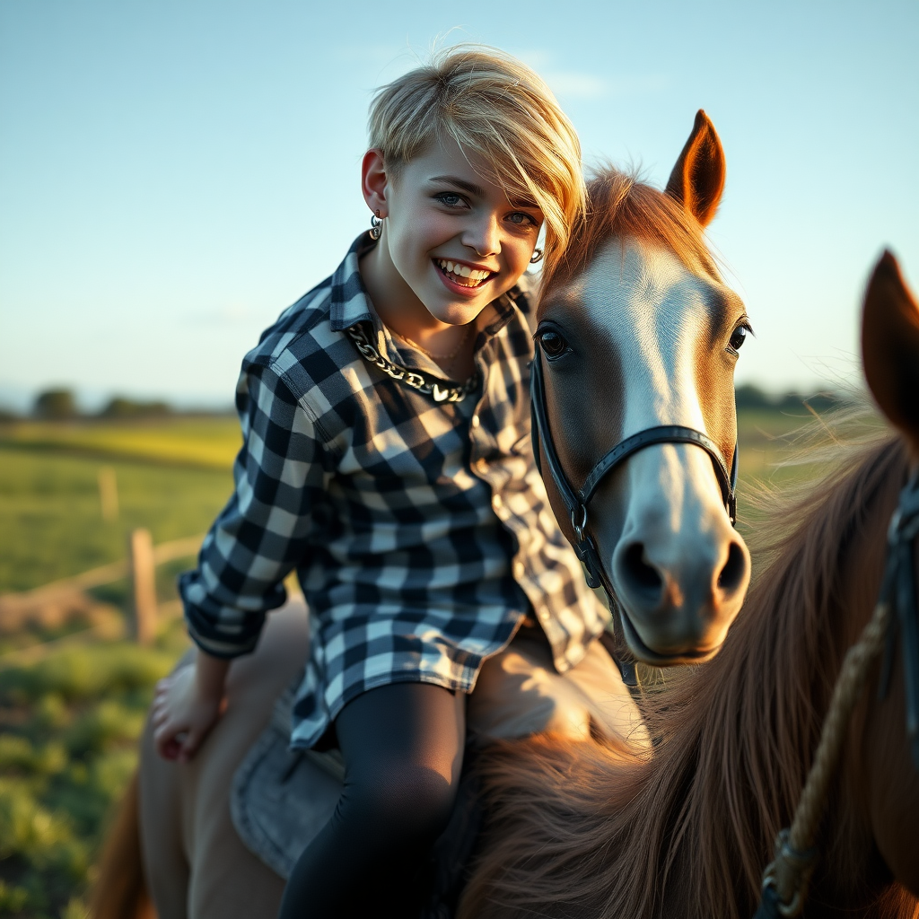 photorealistic, ultra high resolution, 16K, surreal fantasy, soft studio lighting, Caleb Swift is a pretty 14 year old goth male , slim male physique, blonde hair, blue eyes, vampire long canine teeth, goth makeup, earrings, sparkling black pantyhose, stilettos, checked shirt, spikey neck collar chain, riding a horse on a farm during daytime, excited open mouth smile, bulging crotch, full body in wide view from side with Tyler facing the camera.