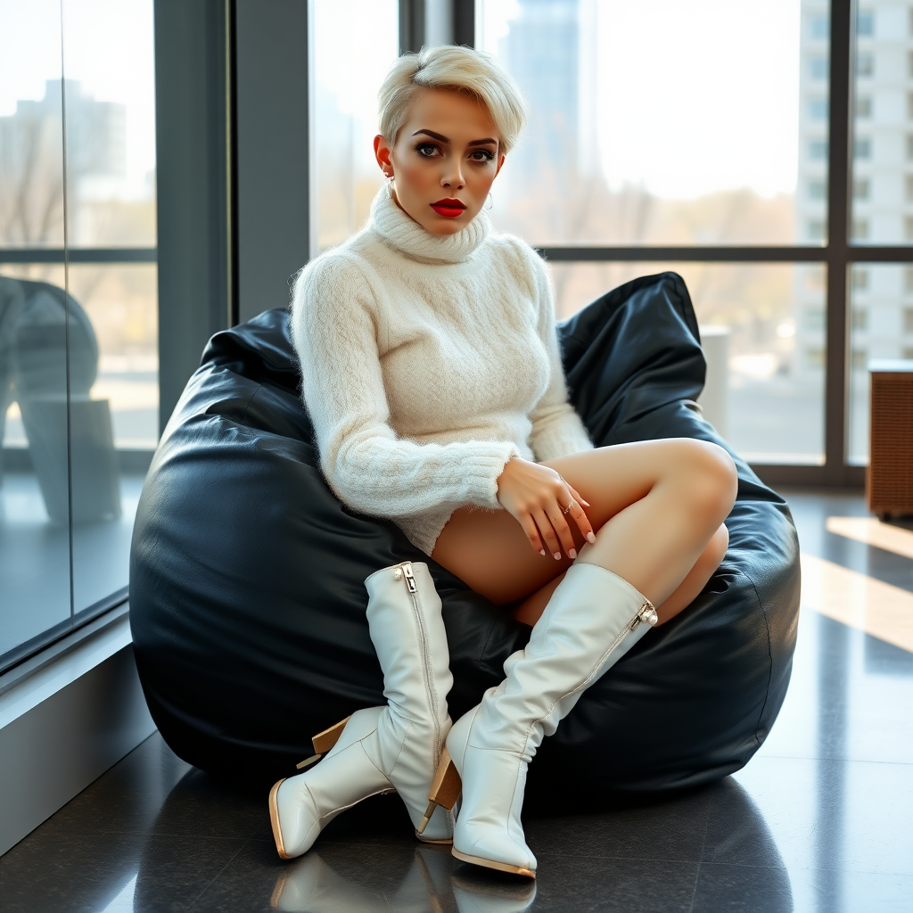 Sunny spring morning, modern glass-steel-concrete office, resting on black leather beanbag at wall, waiting for the master: Ana, European 17 years old very convincing femboy “trophy-bimbo”, tamed servile docile, very beautiful feminine flawless face, rather short boyish figure, platinum blond short tight curls, bold red lips, heavily made-up face, long French nails, wearing Supertanya-style chunky fluffy very fuzzy bright white plushy mohair figure-hugging turtleneck-knitdress with white pearl decoration, white vinyl thigh-high boots with golden heels, pearl earrings, serious, leaning forward presenting her assets, arrogantly looking at camera.