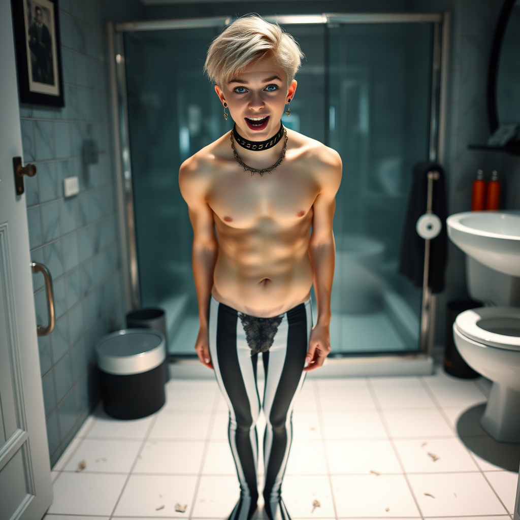 photorealistic, ultra high resolution, 16K, surreal fantasy, soft studio lighting, Caleb Swift is a pretty 16 year old goth male, slim male physique, blonde hair, blue eyes, goth makeup, earrings, white & black vertically striped pantyhose, spikey neck collar with chain, standing on the floor of the bathroom, excited mouth, bulging crotch, full body front view of Caleb facing the camera.