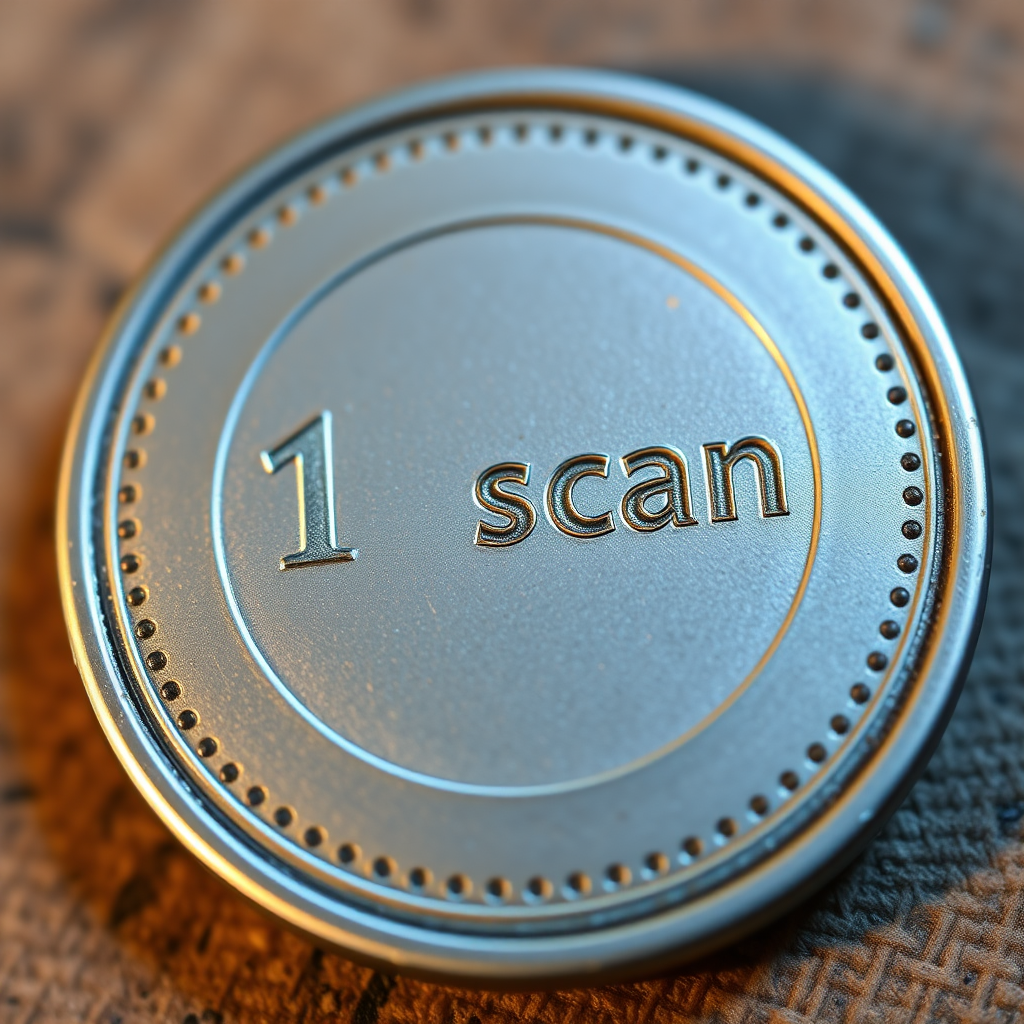 A comic token with the engraving "1 scan" and an engraved breast silhouette  
In the style of a comic icon in black ink only