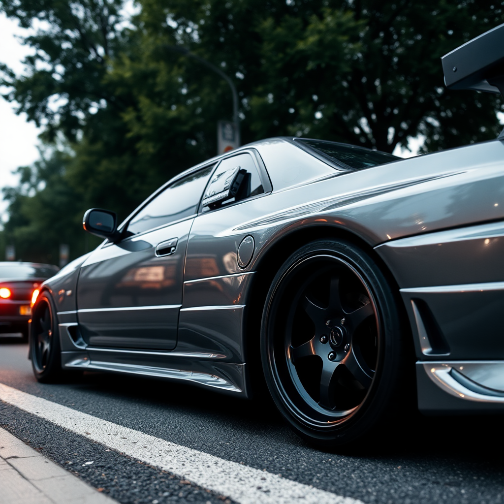 The car is parked on the side of the road, inspired by Taiyō Matsumoto, tumblr, restomod, nd4, c4 metallic shine gray black nissan skyline r34 kalabalik tokyo gece arkaplan