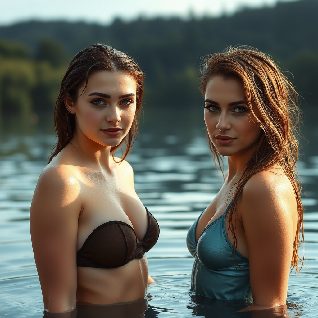 two young european women just coming out of a lake. they have wet hair. photo