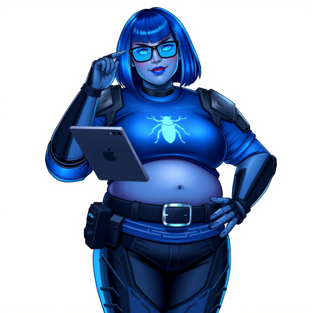 A 28-year-old, full-figured, metallic maximum blue (5PB 5/10) skinned computer program hybrid with a maximum blue bob cut. She has a non-athletic build, highlighted by a prominent, round, large midsection (with emphasis on her belly), which shows the effects of her love of junk food acquired from her boyfriend. As the full-figured, nerdy, digital sidekick to her cyberpunk vigilante boyfriend, her metallic maximum blue skin and maximum blue lipstick (5PB 5/12) emphasize her digital nature. Her skin has a subtle, animated glow, with digital patterns occasionally flickering across it, making her digital nature obvious. She wears a digital, computerized superhero costume, consisting of a massive, tight-fitting, maximum blue t-shirt (5PB 5/12) made out of advanced nanotech with a neon blue glowing chest icon of a beetle, hi-tech shoulder pads with neon blue accents, a black hi-tech belt with a digital neon blue glowing buckle, digital maximum blue biker pants (5PB 5/12) with neon blue accents, and black hi-tech fingerless biker gloves with neon blue glowing accents. Her neon blue glowing eyes, black eyeglasses with neon blue glowing lenses equipped with a built-in HUD, and bashful smile with neon red blush accentuate her nerdiness.

She stands with a shy, slightly hunched posture, one hand nervously adjusting her glasses while the other clutches a digital tablet close to her chest. Her pose reflects her intellectual curiosity and slight social awkwardness, much like Sci-Twi. Her costume covers all her skin and emphasizes her full-figured physique (especially her belly). Despite her build, she radiates beauty. She has a slim face compared to her physique, accentuating her radiant beauty. She is on a solid white background. She is drawn as if she were in a retro 2D cyberpunk fighting game.