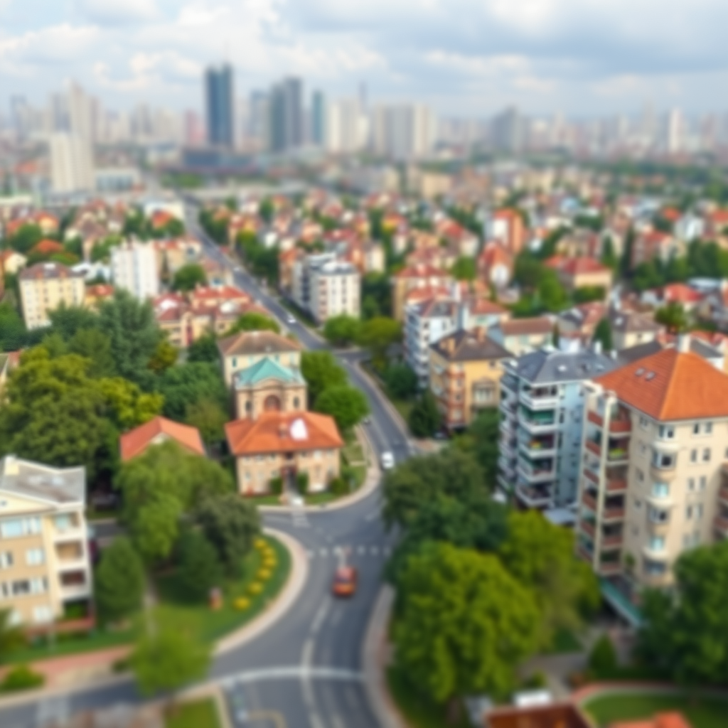 In the city, the residential area, tilt-shift miniature photography, high-definition 4K, large scene, wide angle.