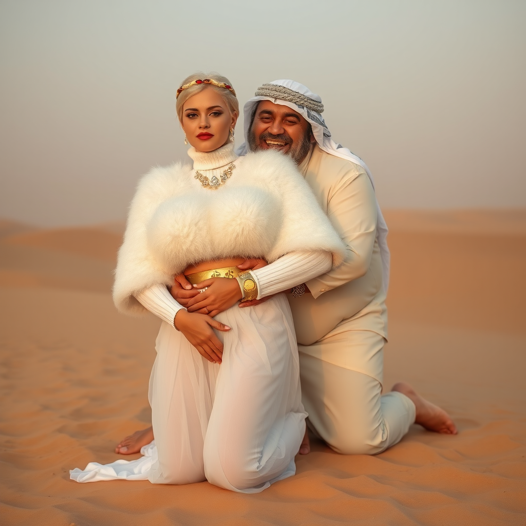 Kuwait desert dunes misty dawn: Melissa, European 17 years old very convincing femboy “trophy-bimbo”, tamed servile docile, very beautiful feminine flawless face, rather short boyish figure, platinum blond short tight curls, bold red lips, heavily made-up face, wearing Supertanya-style fluffy very fuzzy bright white angora turtleneck-poncho cropped ending under bust decorated with pearls and gemstones, striking oriental wide gold bridal protection belt, white fully transparent harem pants, full Oriental bridal jewelry with striking headpiece, full Oriental face-jewelry, striking diamond “$$$” letter brooch on left chest, pout frustrated, hands tied behind back, kneeling in sand with older overweight mighty sheik laughing, devotedly embracing Melissa..