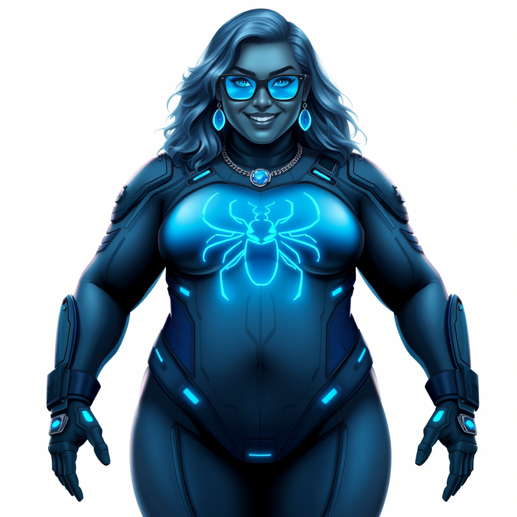 A 28-year-old full-figured computer science major, she is the devoted girlfriend of a vigilante and serves as his dotingly pampered, full-figured, nerdy digital sidekick. She has become a Computer Program hybrid, with a unique, metallic Middle Gray (N5) skin color that blends with her hair, appearing to merge together as computer data. Her neon blue eyes are mesmerizing. Her full figure, especially her prominent, round midsection, shows just how heavily fed and pampered she is, with sequoia-sized limbs and broad shoulders.

As a loyal and supportive sidekick, she plays a crucial role in their missions, using her digital prowess to assist and protect. She wears a blue sapphire scarab necklace and blue sapphire earrings, which she received as symbols of their love before his 5-year disappearance. Her digital Maximum Blue (RGB 71, 171, 204) bodysuit features a neon blue glowing beetle chest icon. She is equipped with high-tech features, including holographic displays and integrated hacking tools. She has matching high-tech gloves.

Heavily, attentively, and immensely pampered through being well-fed since their reunion, her full figure clearly shows the extent of care she has received. Despite her digital enhancements, she retains her human vulnerabilities, including hunger and sleep, and is not immune to human weaknesses. She has the ability to hack into computers and machines, and her nerdiness is blatantly obvious with her black oversized eyeglasses. Her full figure, especially her gargantuan midsection, is prominently displayed and heavily emphasized. Her outfit, influenced by DC’s Jennifer Knight Phantom Lady, remains distinct.

Despite her boyfriend’s limited resources, she assists in the war on crime by serving as a minicomputer, traveling in a high-tech wristwatch and supercar’s computer system. Using her hacking abilities, she relays crucial knowledge related to missions. She has a beaming smile. She is drawn as if she was in a retro 2D cyberpunk fighting game. She is on a solid white background.