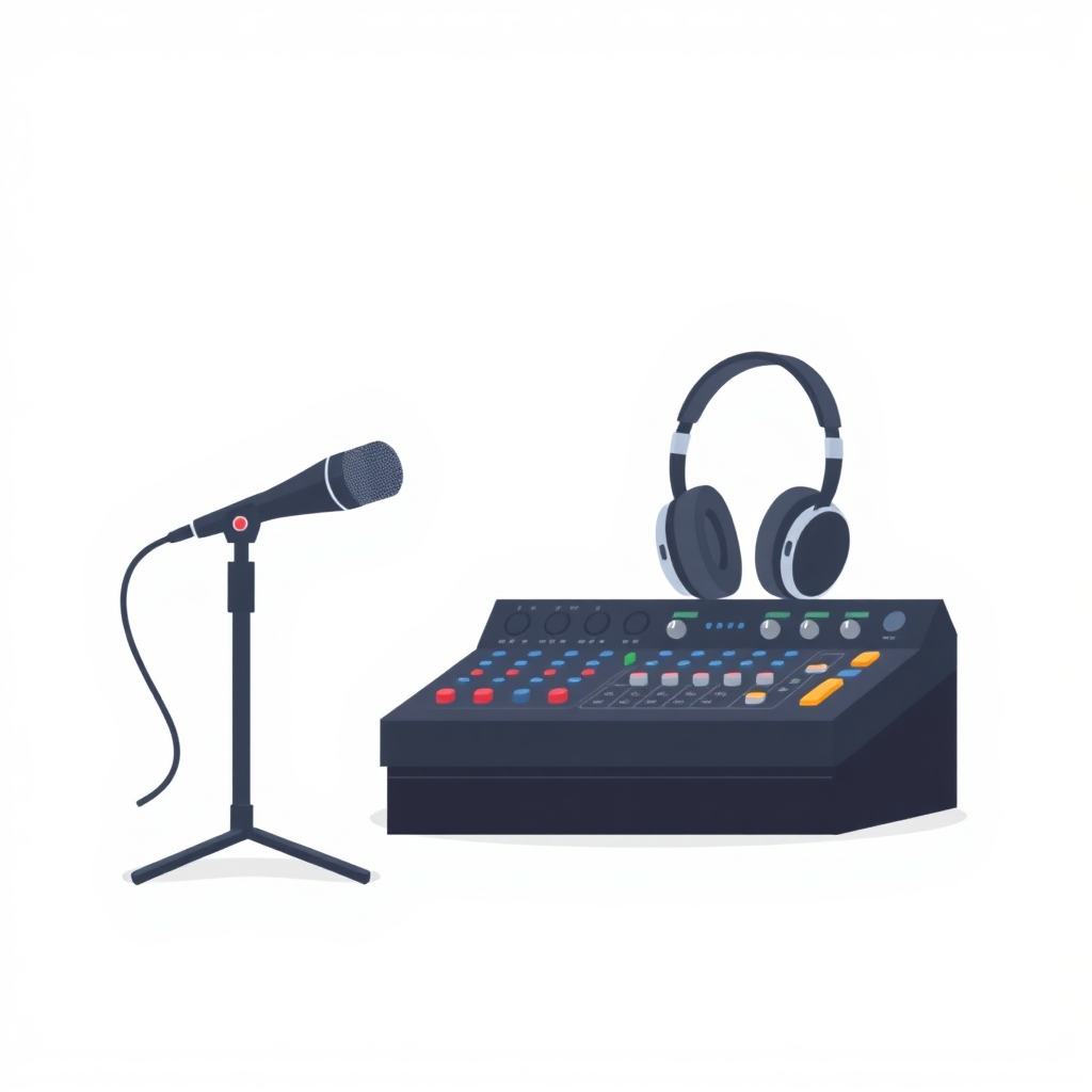 A minimalist, flat design illustration of a podcast setup. The image should include a microphone on a stand, headphones, and a sound mixer on a simple desk or tabletop. The background should be a plain, neutral color like white, gray, or light blue. The overall style should be clean, modern, and visually appealing as a generic stock image for podcasting.