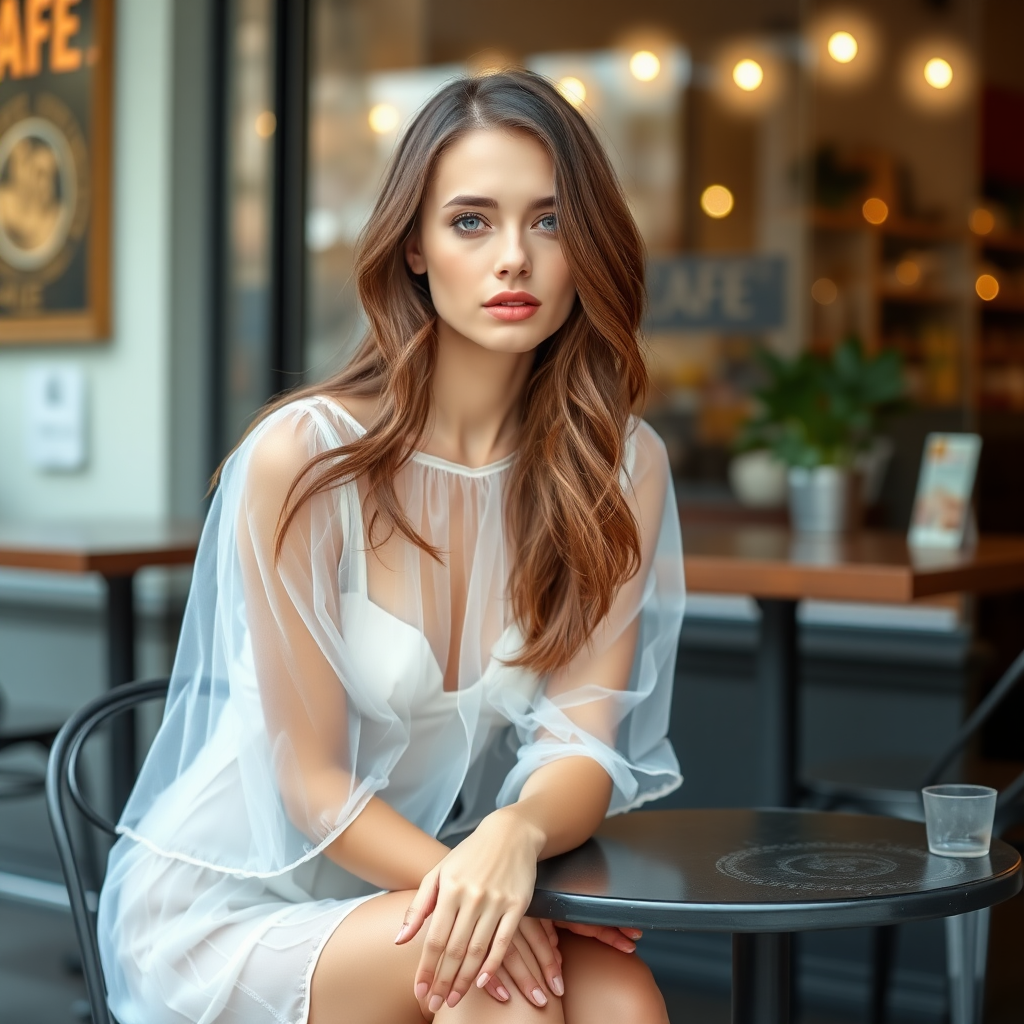 A young woman with brunette hair, pale blue eyes, wearing a translucent white dress and white lace-up high heels. She is sitting in front of a café at a table. Photo.