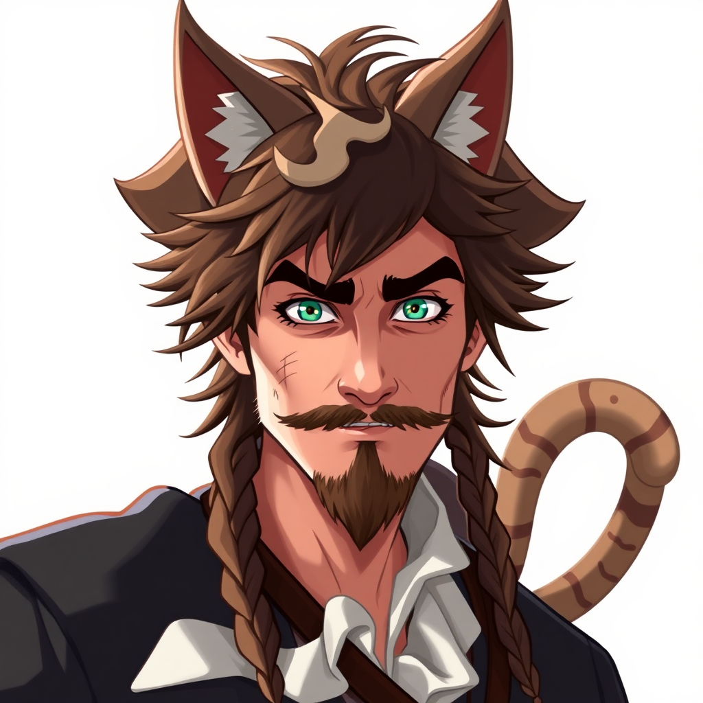 A pirate man with tousled brown hair, cat ears, and an animated cat tail.