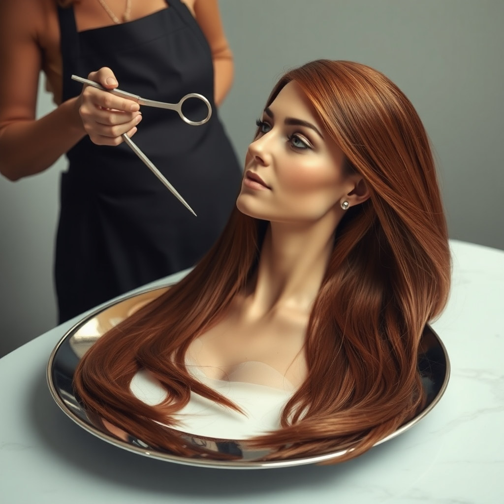 In a bizarre, surreal tableau, the polished surface of an elegant dining plate cradles the disembodied head of a strikingly beautiful Kate Middleton, her long, flowing hair cascading like a glossy waterfall of deep chestnut and honey highlights. The hair is luxuriously arranged, strands shimmering under the soft, ambient light that bathes the scene in an ethereal glow.

A skilled hairdresser, clad in a sleek black apron, stands poised with a pair of gleaming scissors, carefully trimming the endlessly luxurious locks that frame Kate's serene, almost ethereal features. The air is thick with the scent of salon products mingling with delicate hints of floral fragrances, creating an unusual yet strangely inviting atmosphere. The hairdresser's focused expression reveals a meticulous dedication as snippets of hair fall gracefully onto the pristine plate, echoing a sense of both artistry and absurdity.

The overall emotional tone conveys a dreamlike quality, inviting viewers to ponder the juxtaposition of beauty, identity, and the bizarre circumstances that bind them in this extraordinary moment.