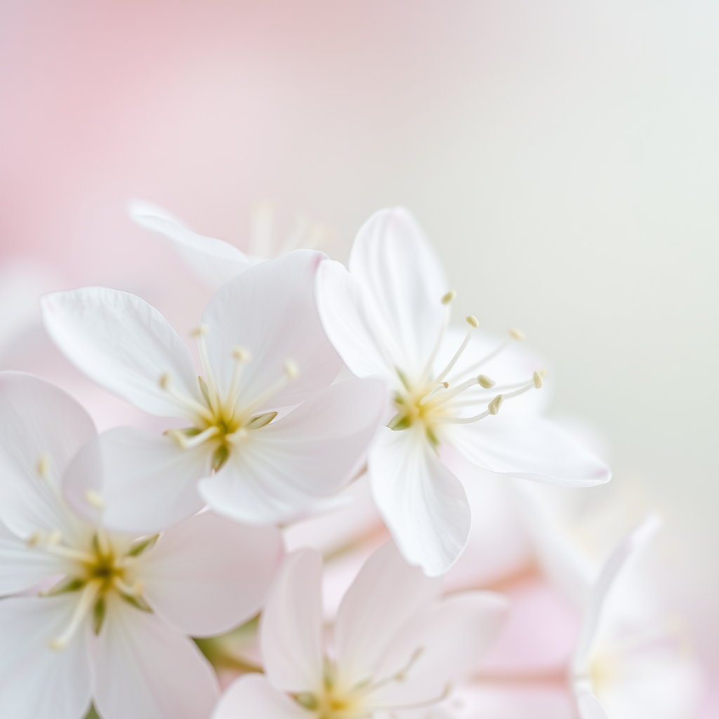 Delicate close-up of white flowers with soft green stamens, showcasing intricate details of petals and pollen. The background features a dreamy blurred gradient in shades of soft pink and muted green, enhancing the ethereal quality of the scene. The image captures a serene, hyperrealistic aesthetic, emphasizing the fragile beauty of nature and the intricate textures of the blossoms, creating a tranquil and inviting atmosphere.