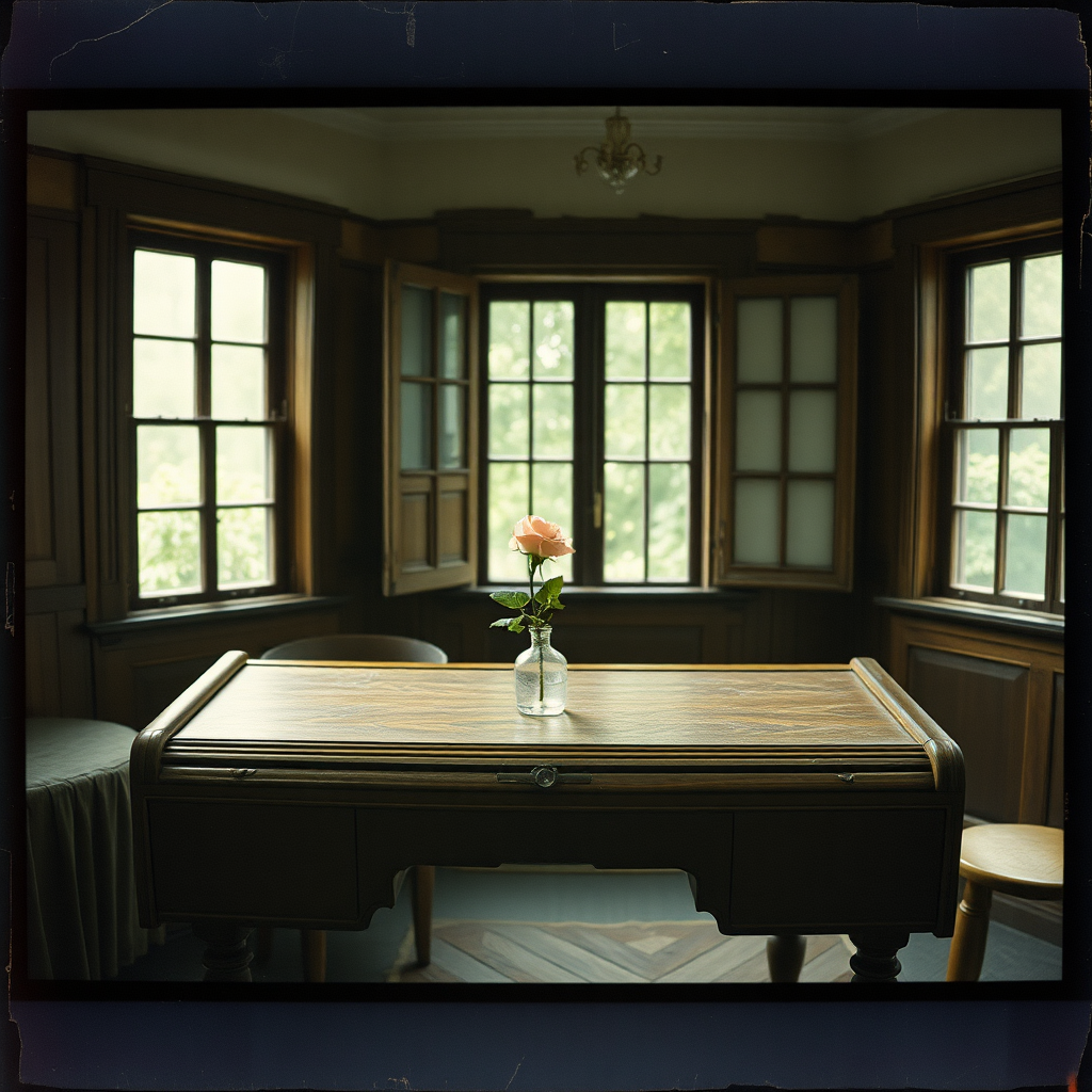 a scan of an old film photo with visible wear and fold marks and cracking with heavy vignetting and color tint and light leaks, depicting a rose sitting in a vase sitting on an old wooden roll top desk in the middle of a photography studio with old wooden windows with multiple panes of glass showing greenery outside