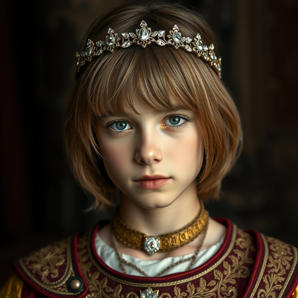 16yo teen boy prince, long bob cut, embroidered with gold and diamonds medieval cloths, diamond diadem, and Beautiful War. Free style by FLUX photorealistic, ultra high resolution, 16K,