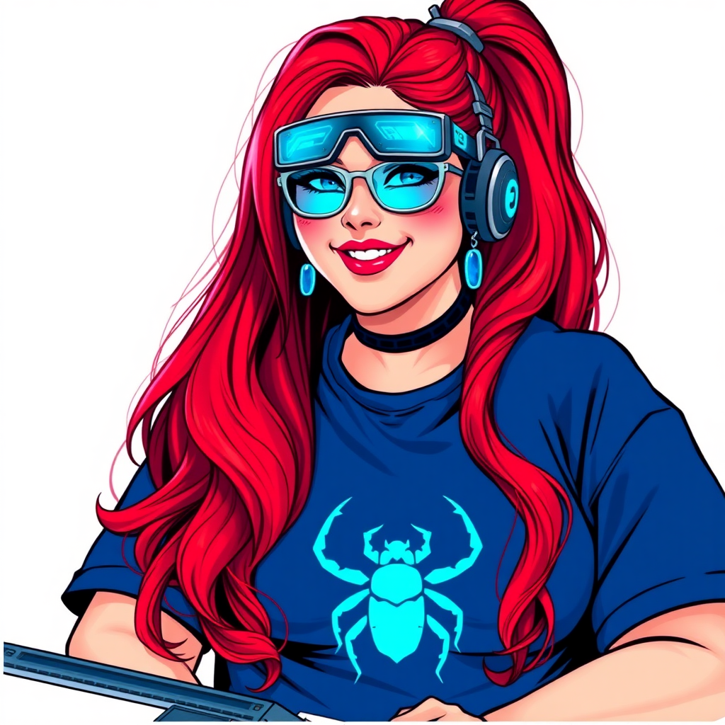 A cyberpunk vigilante’s full-figured intelligent and tech-savvy 29-year-old girlfriend, who is a computer hacker and tech genius. She has a long ruby red ponytail and bright blue eyes. She wears maximum blue lipstick, a sapphire beetle gemstone necklace, sapphire earrings, and an oversized maximum blue t-shirt featuring a neon blue glowing icon of a beetle on its chest. She has a full-figured physique with a prominent, gargantuan, round midsection, reflecting her well-cared-for lifestyle. She sports a sapphire headset with hi-tech maximum turquoise lensed HUD eyeglasses, and a beaming smile with a passionate bright red blush. Despite her figure and a lack of self-esteem, she radiates beauty. She has a slim face which contributes to her radiant beauty. She serves as his tech expert from his hideout, diligently working at her lab table and computer desk. The background is solid white. She is drawn as if she was in a retro 2D cyberpunk fighting game.