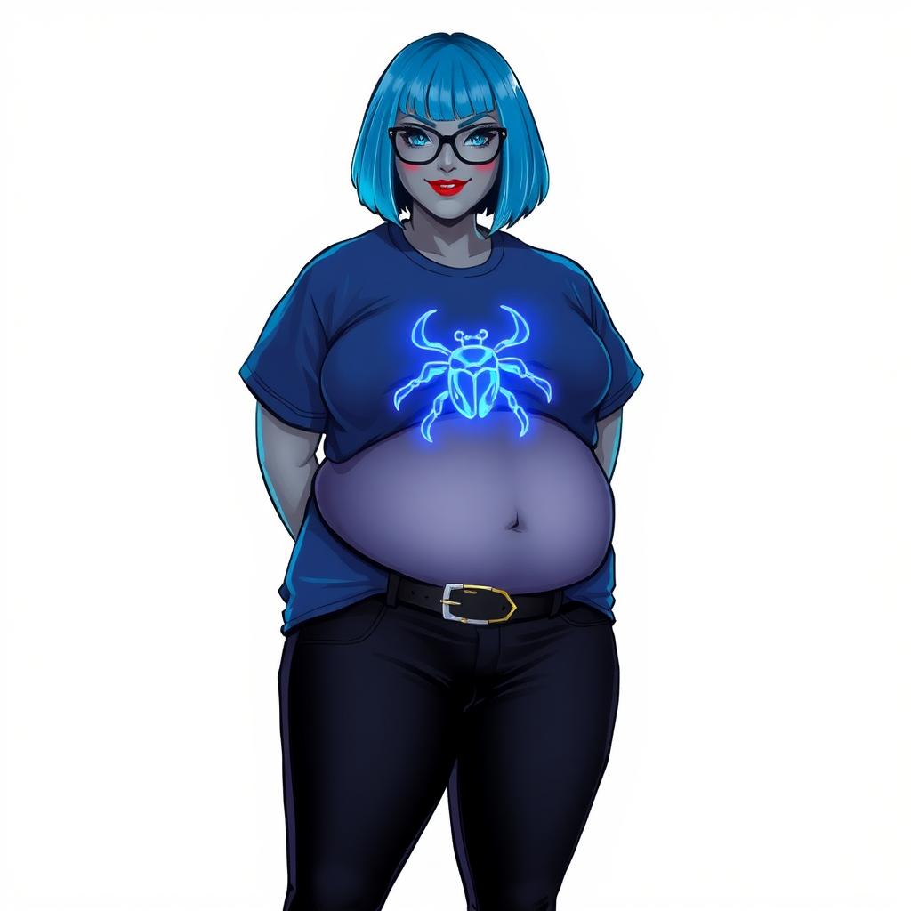 A 28-year-old, full-figured, metallic middle gray-skinned computer program hybrid with a maximum blue bob cut. She has a non-athletic build, highlighted by a prominent, round, large midsection (with a full emphasis on her belly). As a digital sidekick, computer hacker, and nerdy girlfriend to her cyberpunk vigilante boyfriend, her middle gray metallic skin and maximum blue lipstick emphasize her digital nature. She wears a costume consisting of an oversized, tight-fitting, maximum blue t-shirt (accentuating her large belly) with a neon blue glowing chest icon of a beetle, black pants, a black belt with a sapphire scarab buckle, and black gloves. Her bright blue eyes, black eyeglasses, and lovestruck smile with neon red blush accentuate her nerdiness. She stands bashfully with her hands behind her back, her costume covering all her skin and emphasizing her full-figured, non-athletic physique. She is on a solid white background. She is drawn as if she was in a retro 2D cyberpunk fighting game. She is clearly non-athletic, with emphasis on her full-figured and pudgy physique. Ensure her t-shirt covers her midsection (especially her large belly).