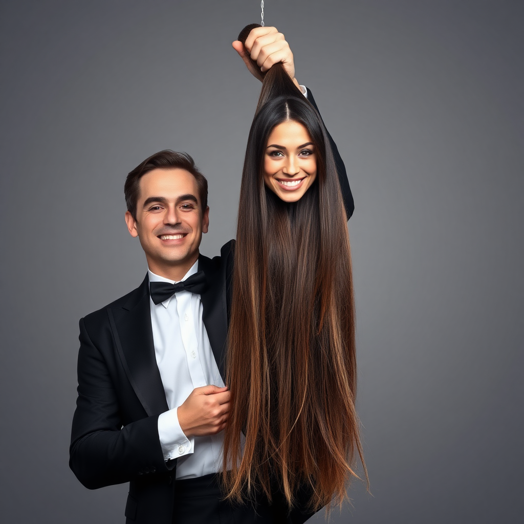 A surreal image of a smiling male magician holding up the disembodied head of a very long-haired Meghan Markle. He is grabbing her very long hair and pulling it up high in the air, while her head is hanging by her hair from his grasp to display it to the camera. Plain gray background.