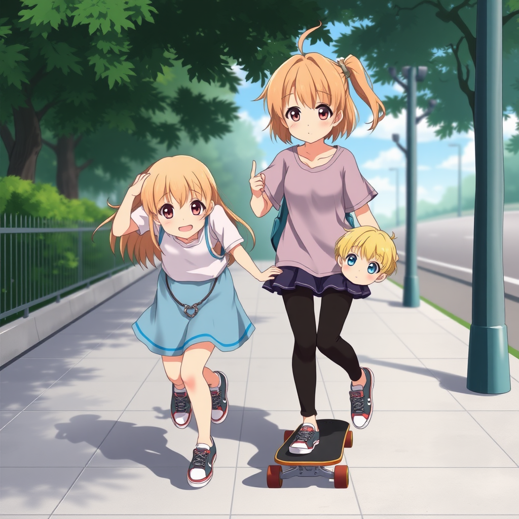 Two anime sisters, one a teen with light brown hair and hazel eyes and the other a smaller kid with blonde hair and blue eyes, playing with a skateboard on a sidewalk.