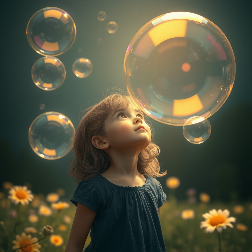 A girl dreaming about a bubble world.