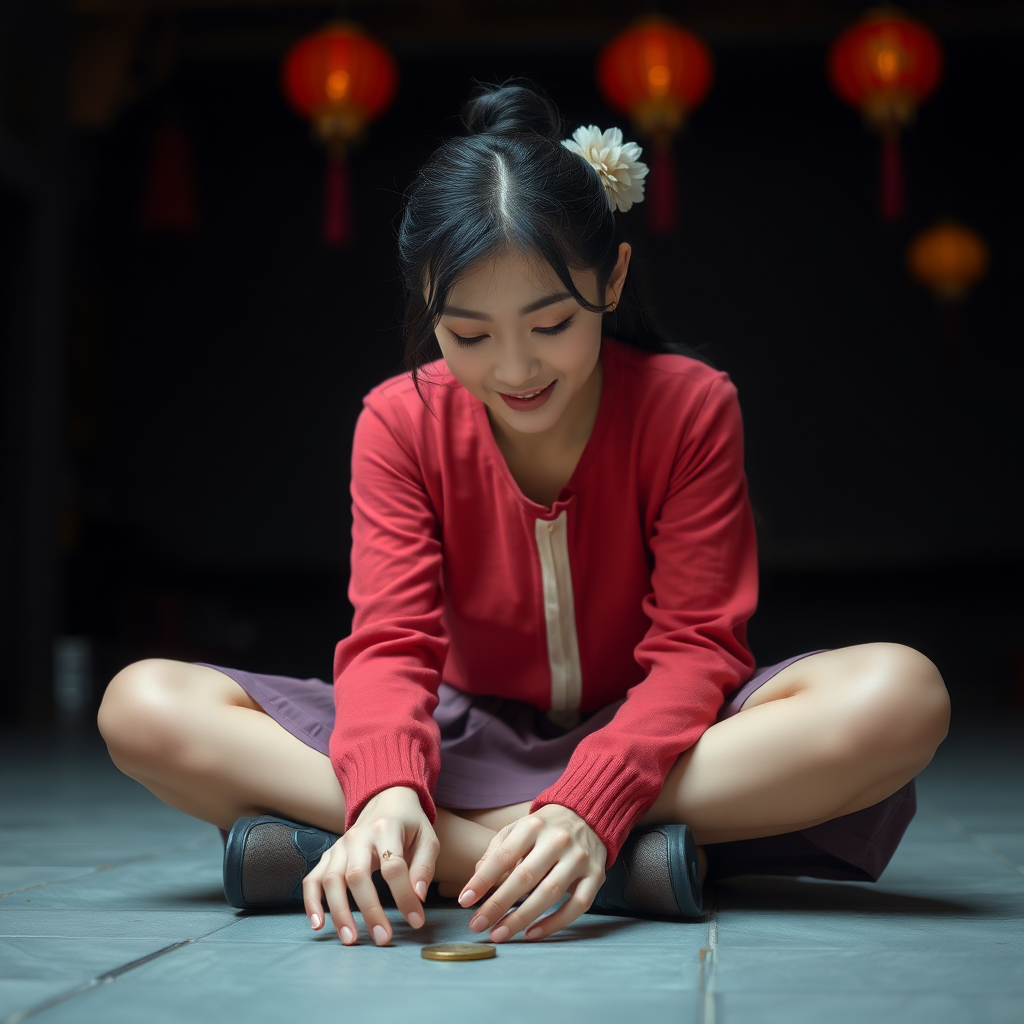 photo low angle full body shot beautiful xiaomeimei looking down. She is sitting legs stretched out. there is a coin on the ground she is reaching for. her expression is delighted surprise