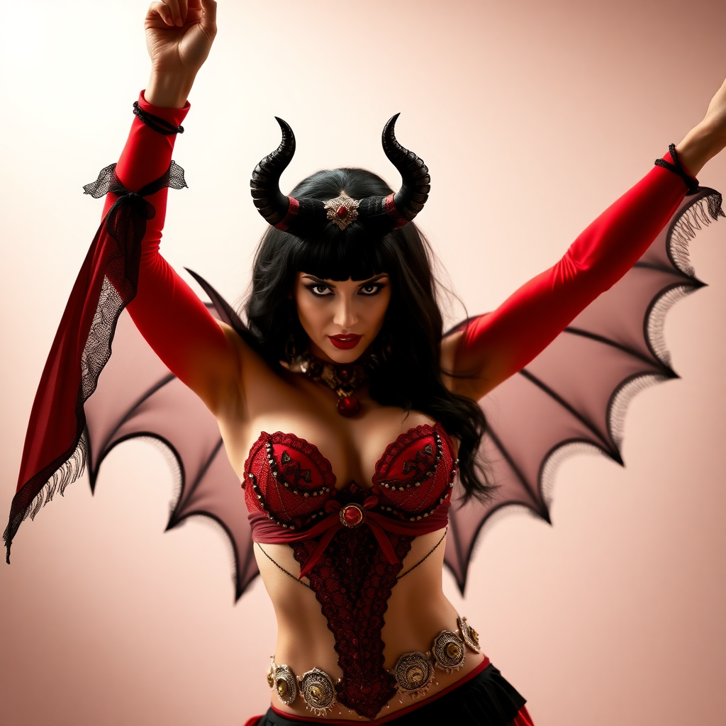 Imagine: Vampirella both arms up menacingly at the viewer intensely with one arm up high in the air. She's wearing a Vampirella themed belly dancing outfit with insane detailing. Cosplayed by a Romanian dancer.