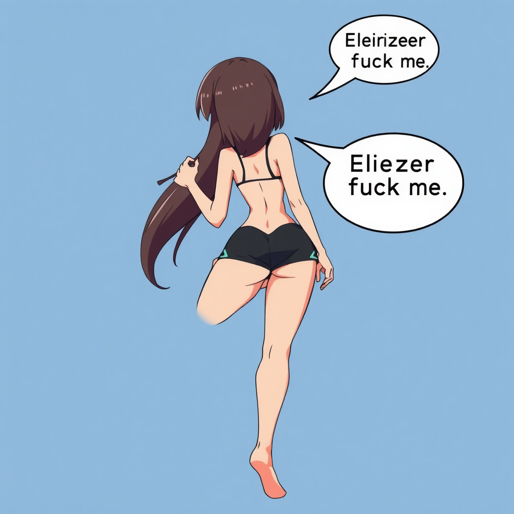 anime milf with speech bubble saying "Eliezer fuck me", open legs, backwards, visible ass