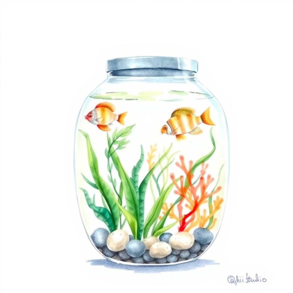 A detailed watercolor painting features a glass fish tank containing tropical fish and aquatic plants against a white background, with minimal details, dreamlike, by Qibi Studio.