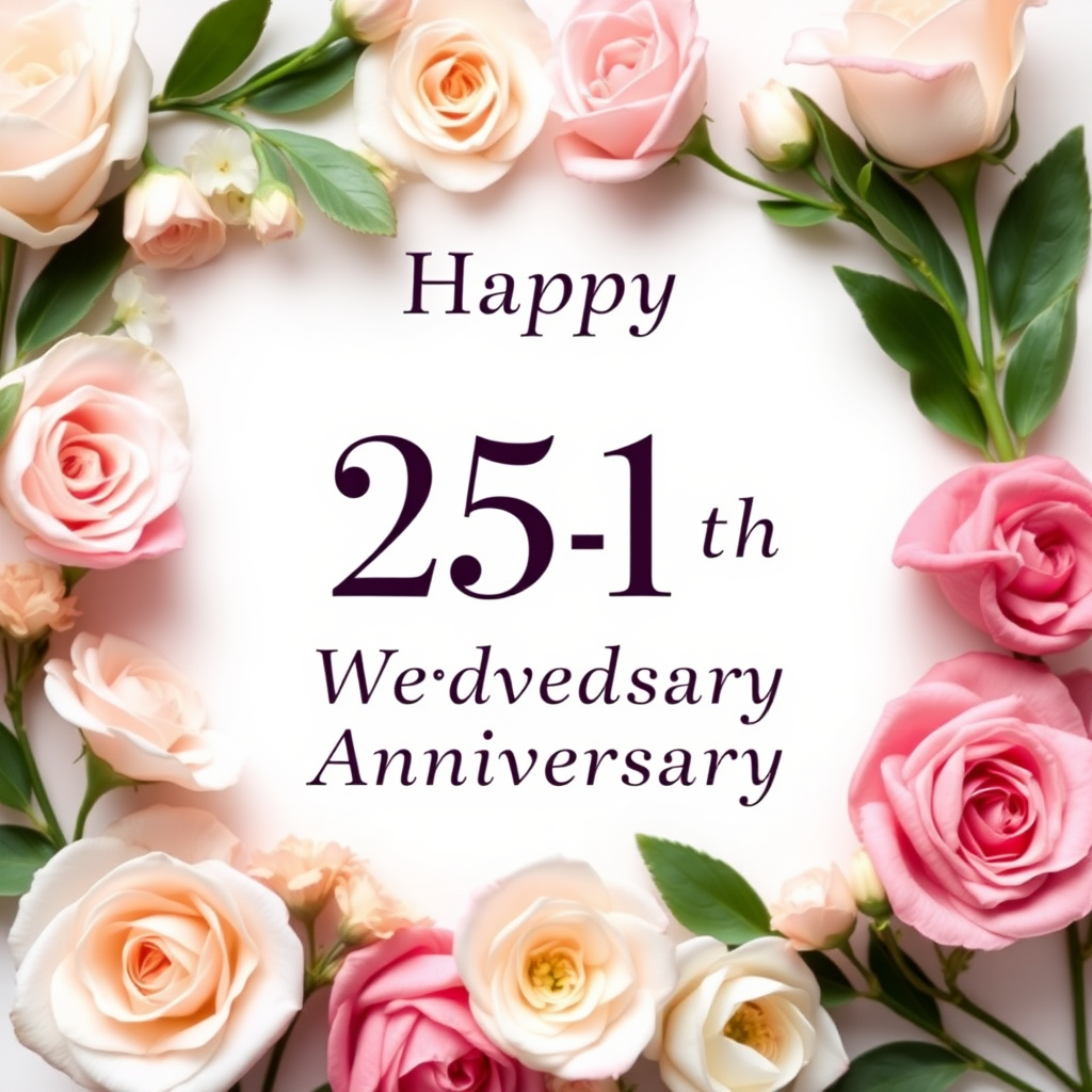 Create a soft, elegant image for a 24th wedding anniversary with a subtle 25-1 motif, blending celebration and love. Include delicate flowers, such as roses or lilies, arranged around a message that reads: "Happy 25-1th Wedding Anniversary". Incorporate soft pastel colors like pinks, creams, and whites. The overall vibe should be warm, romantic, and joyous, capturing the essence of love and commitment over the years. the text needs to be exact. do not omit the word "Wedding"