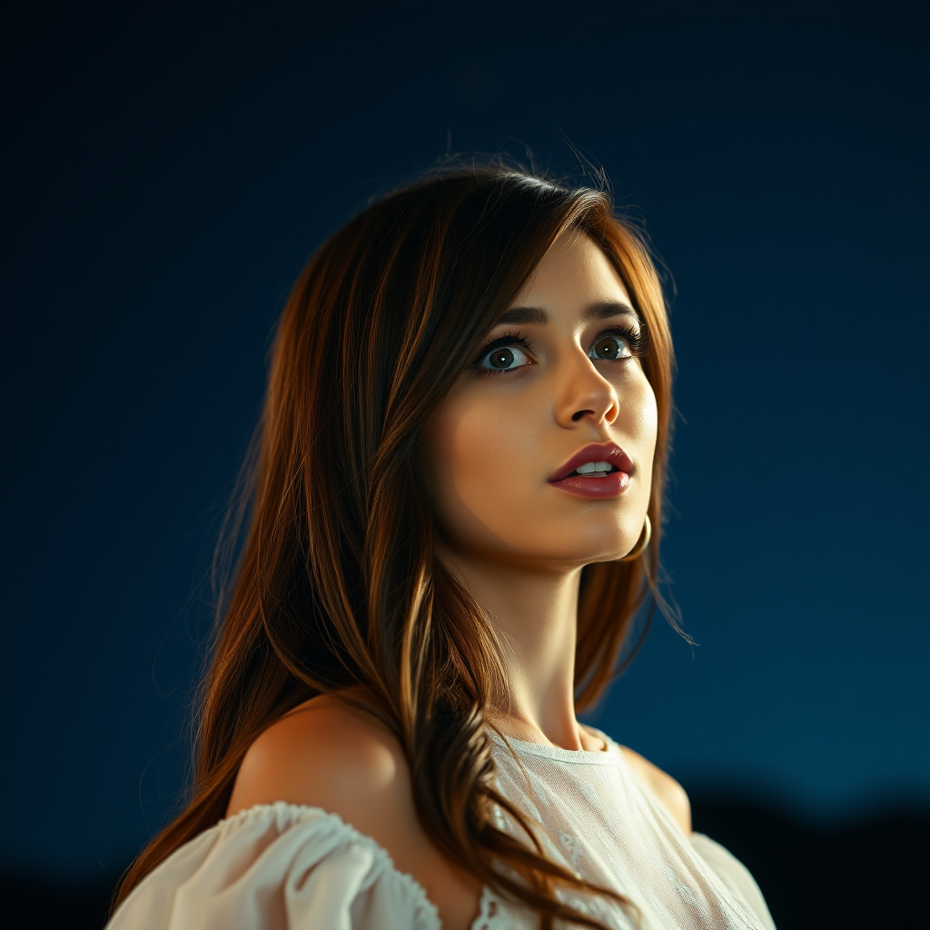 a young woman singing. she is looking like lucy thomas. long brunette hair with highlights, small pale blue eyes. suntanned skin. small lips with pale red lipstick. looking to the side. wearing a long white dress with transparent lace. view from far. night sky in background. photo