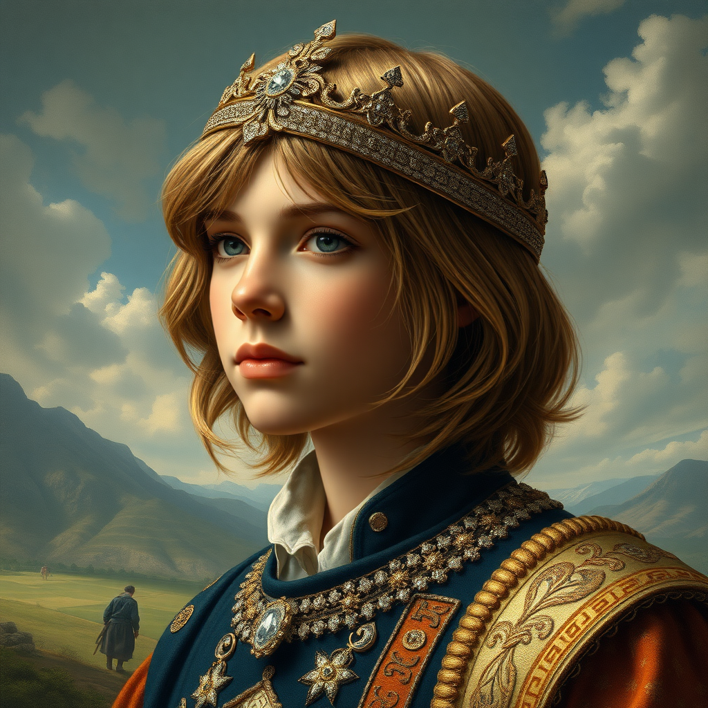 16yo teen boy prince, long bob cut, embroidered with gold and diamonds medieval cloths, diamond diadem, and Beautiful War. Free style by FLUX photorealistic. The background is in the style of landscape style by Antonio del Polaiolo, Generating the signature at the bottom: Viva FLUX & Bach, ultra high resolution, 16K,