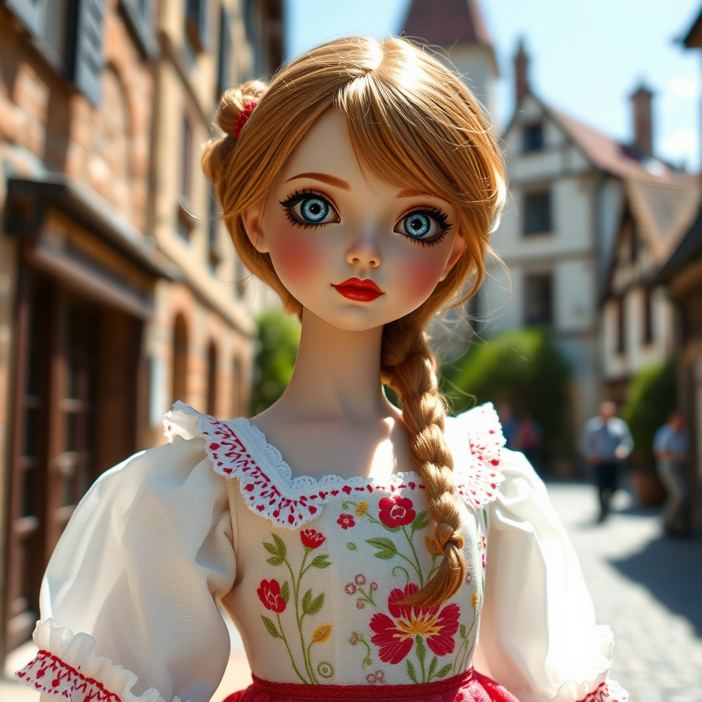 ooak art doll, artist doll, realistic doll, life-like porcelain doll, unique personality, stunning eyes, bisque doll, bjd, dynamic pose, embroidered traditional dress, sunny spring noon, classicist art, street photography in medieval village