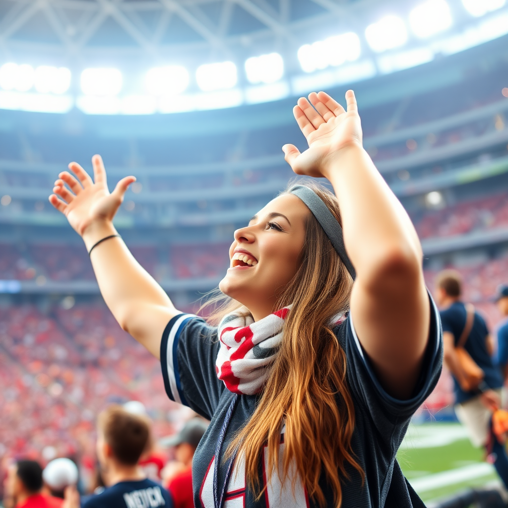 Attractive female NFL fan, cheering, inside NFL stadium