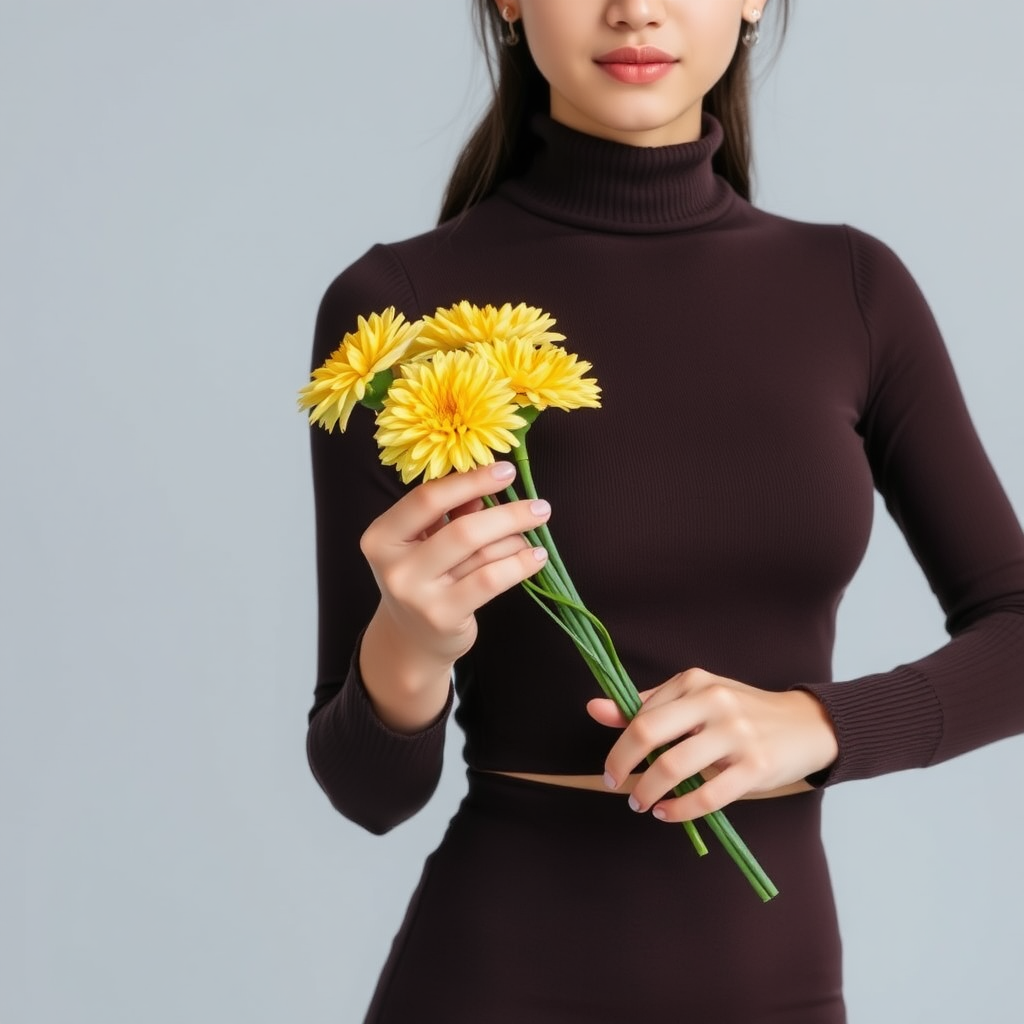 A slim girl in dark brown turtleneck crop top and dark brown body-tight skirt, yellow white chrysanthemum flowers in hand, close-up shot, slim model face,