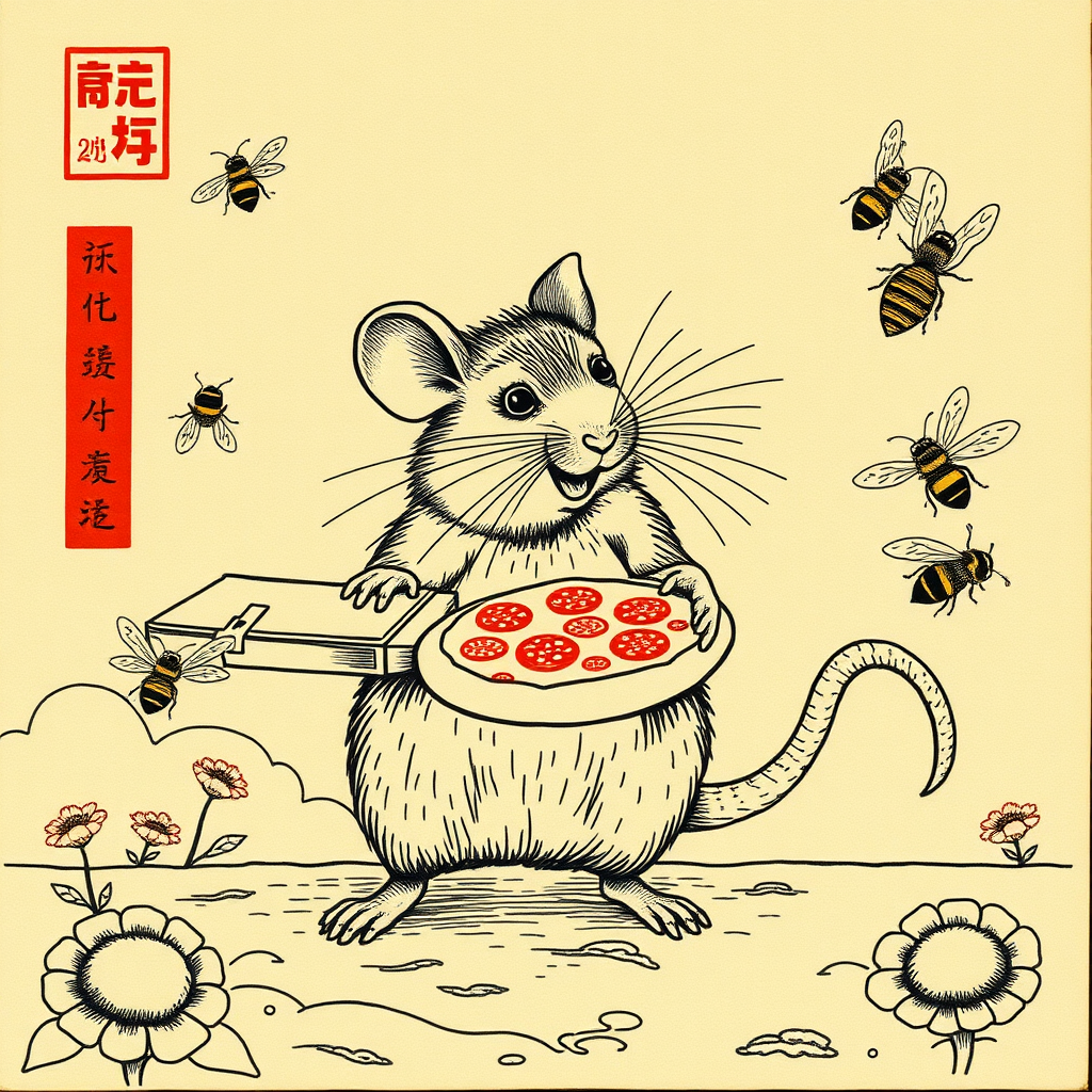 A rat delivering pizza to bees, Chinese woodcut