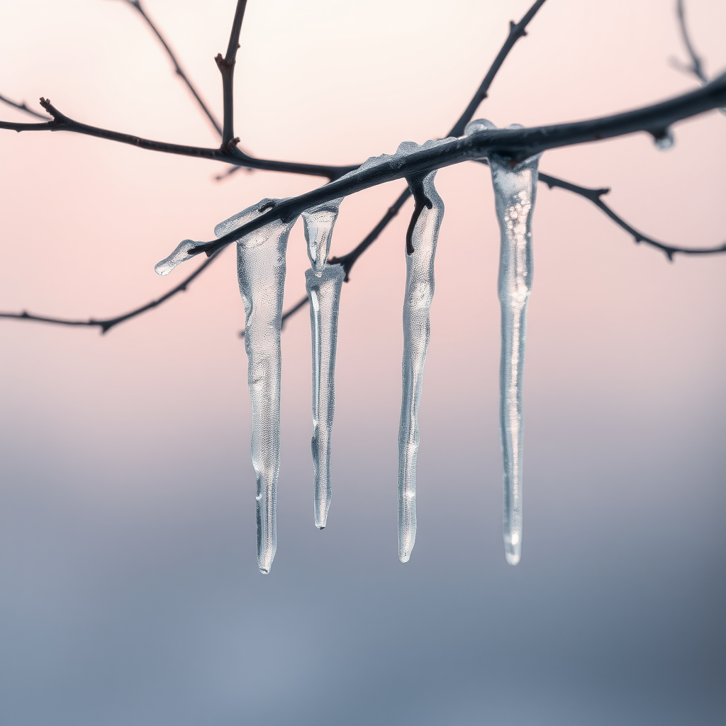 You can see delicate and shimmering icicles hanging from thin, gaunt branches up close. This scene captures a tranquil winter atmosphere with a soft, muted background transitioning from blush pink to a cool gray shade, evoking a sense of calm. The ice forms are rendered with surreal detail, emphasizing clarity and intricate shapes. The branches are dark and textured, contrasting with the translucent ice. Soft light reflects off the icicles, creating a captivating interplay of light and shadow. The overall aesthetic combines elements of serenity and cold, guiding the viewer into a peaceful winter moment.