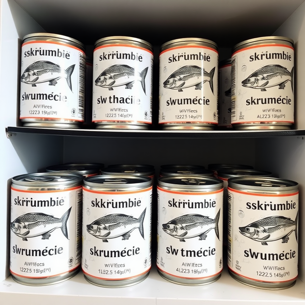 a small shelf with cans that have an image of fish on the label and text saying "skrumbie w tomacie", the text should be "skrumbie w tomacie" literally, with no errors