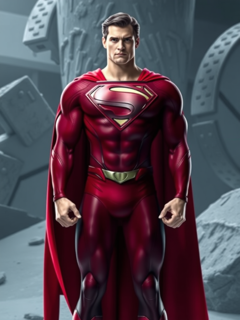 Create a full-body image of Superman, but modify his body type to resemble that of Emma Frost. Maintain Superman's original head and ensure the body silhouette aligns with Emma Frost's figure. Set the character against a fitting background that suits both Superman and Emma Frost.