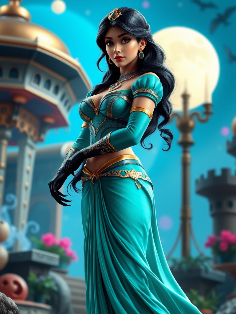 Create a photorealistic render presenting a full-body image of Princess Jasmine. Retain her head while using Nightwing's body type, ensuring body structure and silhouette align with this new form. Modify Jasmine's costume to appropriately fit the altered physique. Set the scene in a background that harmonizes elements of both Jasmine's and Nightwing's worlds, balancing their unique aesthetics. Ensure the final image maintains a vibrant and cohesive visual narrative.