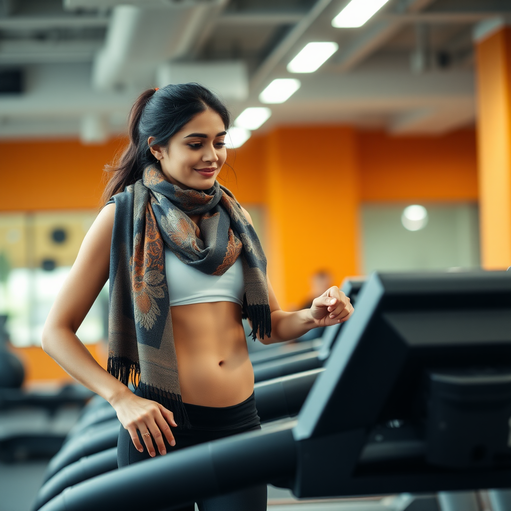 slim, Indian wife, scarf, working out on Treadmill in gym